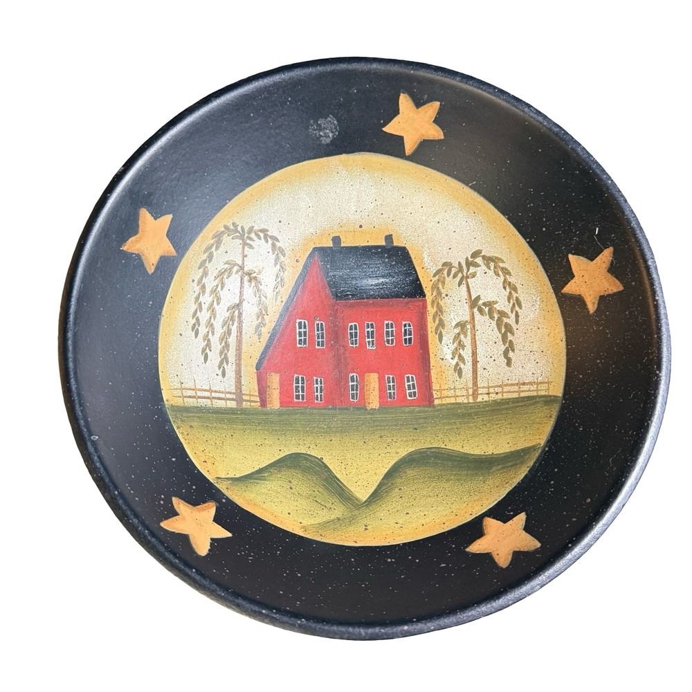 Primitive Folk Art Hand Painted Wooden Bowl Red Farmhouse Willow Tree Stars 11"